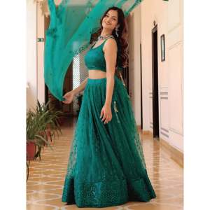 Teal Green Soft Net <b>Sequins</b> Monochrome Lehenga Choli for Women - Product Image 5