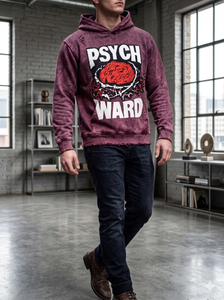 Sudadera con capucha oversize para hombre, estilo streetwear, con estampado gráfico de cerebro psicodélico, vintage, con lavado ácido y efecto desgastado, morado y granate, de tejido grueso. - Product Image 2