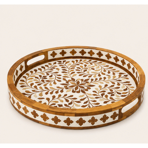 Mother of Pearl Inlay <b>Round</b> Serving <b>Tray</b> Floral Pattern Wooden Decorative <b>Tray</b> for Coffee <b>Table</b> and Home Decor Centerpiece - Product Image 1
