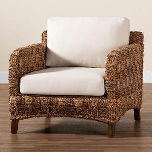 Rustic Coastal Seagrass and Mahogany Wood Armchair <b>Upholstered</b> Living Room <b>Chair</b> - Product Image 1