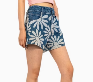 Blue Printed Pattern Loose Classic Five Pocket Jean Shorts Womens - Product Image 2