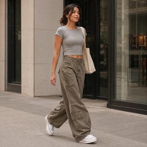 Pantalon cargo taille haute pour femme en toile coupe ample longueur intégrale couleur unie avec poches style décontracté pour le printemps - Product Image 6