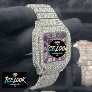 Montre mécanique à cadran carré avec bracelet en cristal, cadran violet, strass, bijoux de mode pour hommes - Product Image 4