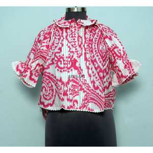 Túnica Moderna con Estampado Floral, 100% Algodón Lavable, Estilo Casual Femenino, Cuello Mandarín con Volantes, Manga Media, Mini - Product Image 1