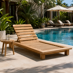 Chaise longue de jardin en teck massif, dossier réglable, pour extérieur, bord de piscine - Product Image 1