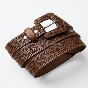 Ceinture en cuir pleine fleur de qualité supérieure pour hommes et femmes, avec boucle en cuir gravée de motifs floraux, ceinture de cow-boy - Product Image 3