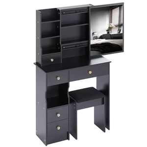 High Capacity Storage F Makeup <b>Vanity</b> <b>Table</b> Extra Large Sliding Mirror Cushioned <b>Stool</b> Small Size Left Drawer-Multi Layer - Product Image 5