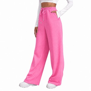 Pantalon large taille haute rouge tissé délavé avec cordon de serrage, taille élastique, longueur intégrale, couleur unie, décontracté, respirant, coupe ample pour femme - Product Image 3