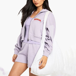 New Arrival 2026 Women's 100% Cotton 2-Piece Set Oversize Crop Zipper Hoodie Short <b>Knee</b> Solid Color Breathable summer sets - Product Image 1