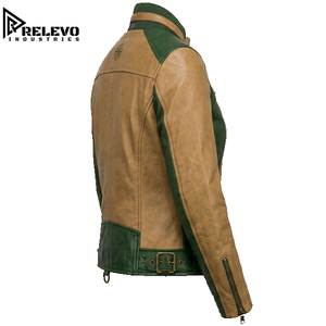 Men Two Tone Tan and Green Genuine Leather <b>Racing</b> <b>Jacket</b>, Vintage Racer Biker <b>Jacket</b> with Double Zipper & Compass Logo - Product Image 3
