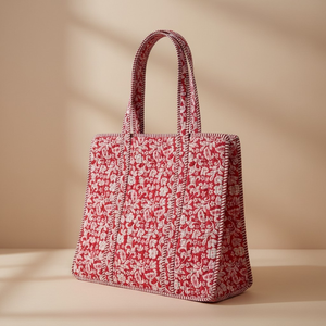 Quilted Cotton Tote <b>Bag</b> for Women-Hand Block Print <b>Red</b> Floral Paisley Waterproof Large Beach <b>Bag</b> - Product Image 1