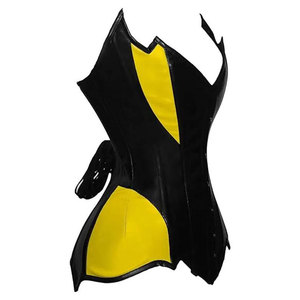 Corset noir et jaune en cuir PU pour femme, col en V, fermeture éclair, style gothique, antibactérien, sexy, vêtement d'extérieur pour club, broderie chaîne unie - Product Image 3