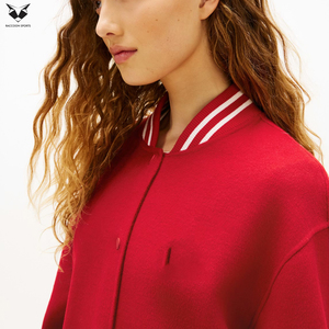 White & Red Color With Full Sleeve Turn Down Collar Button Closure Solid Color Autumn Wear Women Varsity Jacket For Wholesale - Product Image 6
