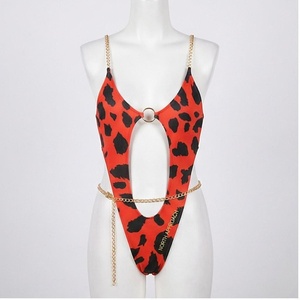 NORTH APPROACH Women One Piece Leopard Print Swimsuit Deep V Neck Hollow Out Chain Detail Stretch Bodysuit - Product Image 1