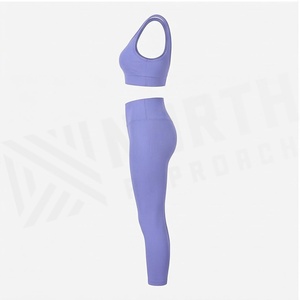 Ensemble de yoga côtelé 2 pièces lavande, col ras du cou, dos nageur, taille haute, longueur mollet, sans couture, vêtements de sport - Product Image 3