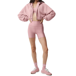 Conjunto de Sudadera Corta con Capucha de Felpa Francesa y Pantalones Cortos de Compresión para Mujer, Conjunto de 2 Piezas, Ropa Deportiva de Mezcla de Algodón, Atuendo de Gimnasio, Personalizado OEM - Product Image 4