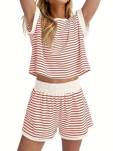 Women's Casual Fashion Loungewear Two-Piece Set Striped Color Block Jersey Soft T-Shirt Matching Elastic Waist Pocket Shorts - Product Image 2