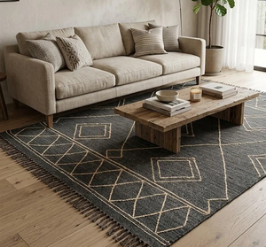 Tapis géométrique gris foncé style bohème, tapis tribal scandinave à pompons, décoration de sol moderne tissée à la main pour salon et chambre - Product Image 1