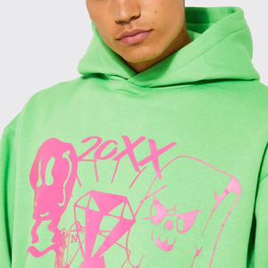 Men Green Hooded <b>Tracksuit</b> Full Length <b>Pink</b> Skull Print Streetwear Style Sweatshirt and Sweatpants <b>Set</b> with Side Pockets - Product Image 3
