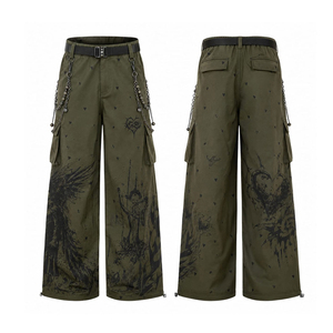 Pantalones Cargo Anchos de Estilo Gótico Punk para Hombre, Color Verde Oliva, con Cinturón con Estampado de Cadena, Ropa Urbana - Product Image 1