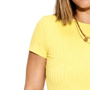 Top Corto Acanalado Amarillo para Mujer, Manga Corta, Cuello Redondo, Ajuste Delgado, Camiseta Casual de Punto, Moda de Verano, Algodón Elástico, Camiseta Básica - Product Image 3