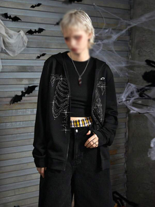 เสื้อฮู้ดซิปเต็มตัวผ้าฝ้ายฟลีซลายโครงกระดูกประดับคริสตัลสีดำ สไตล์สตรีทแวร์สำหรับคู่รัก คอลเลคชั่นแฟชั่นแบรนด์ดัง - Product Image 5