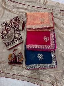 Sari en satin fil d'or, luxueux, brodé de sequins et de velours, élégant, avec des motifs Zari, idéal pour les mariages et les fêtes, infroissable et à séchage rapide - Product Image 5
