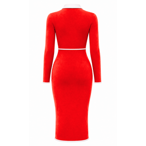 Delta |   Sigma | Robe moulante mi-longue rouge pour femme Theta avec col polo blanc contrastant, fermeture éclair quart de tour, manches longues, robe décontractée ajustée - Product Image 4