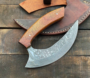 Custom Handmade Damascus Steel Pizza Cutter Wheel Ulu Knife Premium Wooden Handle Kitchen Axe with Genuine Leather Sheath - Product Image 6