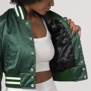 Women's Green Satin Varsity Jacket Cropped Full Sleeve <b>Single</b> Button Closure <b>Quilted</b> Cotton-Filled 100% Wool Towel Embroidery - Product Image 6