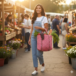 Floral Printed Quilted Reversible Handmade Tote <b>Bag</b> <b>Long</b> Handle Zipper Closure Shopping Travel Supermarket Daily Use - Product Image 3