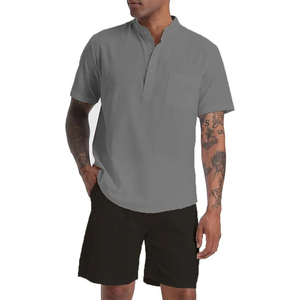 Men's Black Cotton Short Sleeve Henley Shirt & Shorts <b>Set</b> Casual Summer Breathable <b>Knitted</b> 2-Piece Outfit - Product Image 5