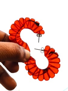 Fashion Resin <b>Fan</b> Shape Earrings Red Translucent Cut Design Exquisite Style Jewelry - Product Image 6