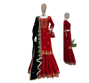 Conjunto de Salwar Kameez de Fiesta para Mujer, Diseño RICH LOOK, Top de Terciopelo Modal con Bordado de Hilo, Sharara y Dupatta, Color Azul Cielo - Product Image 1
