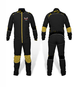 Mono negro de cuerpo entero para hombre con detalles amarillos y cremallera frontal para paracaidismo, traje de paracaidismo de alto rendimiento - Product Image 1