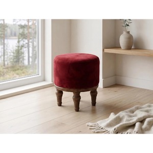 Puf Redondo de Tela Roja con Patas de Madera, Estilo Rústico, Decoración para Sala de Estar - Product Image 1