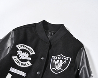 Veste coupe-vent unisexe noire style universitaire avec manches en laine, motif patch Raiders, col montant, simple boutonnage, pour l'hiver et les tenues décontractées