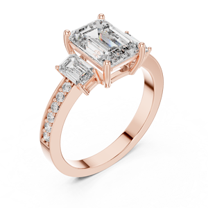 Anillo de compromiso de oro con tres piedras de diamante de laboratorio talla esmeralda, acento lateral de corte esmeralda con pavé y estilo catedral, joyería de diamantes. - Product Image 6