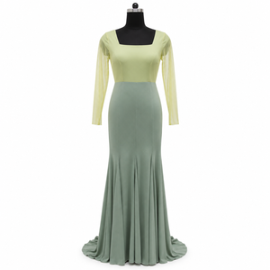 Robe de soirée sirène vert sauge pour femme, col carré, manches longues transparentes, longueur maxi, élégante, pour mariage ou bal de promo - Product Image 1