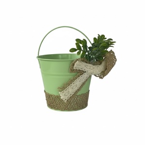 Pot de fleurs en métal vert avec bordure en dentelle et plante pour décoration de bureau intérieure, style rustique, seaux faits à la main pour extérieur - Product Image 1