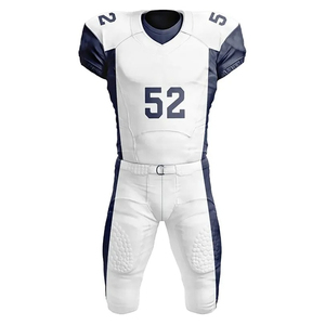 Ensemble d'uniformes de football américain personnalisés pour hommes, maillot sans manches à col en V rembourré, pantalon blanc bleu marine numéro 52, impression sublimée - Product Image 1