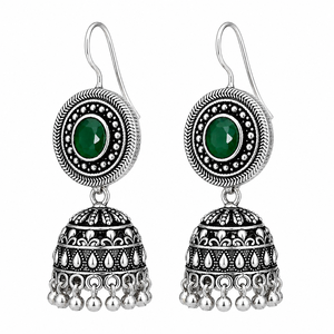 Proveedor Mayorista de Pendientes Jhumka de Plata Oxidada con Piedra Verde, Joyería Étnica Tribal Boho Hecha a Mano, Regalo para Mujer - Product Image 5