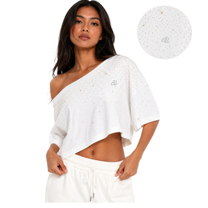 Blusa asimétrica blanca de un solo hombro con pedrería dorada, camisa personalizada para mujer, top informal de corte holgado con adornos dispersos, camiseta DTG - Product Image 1