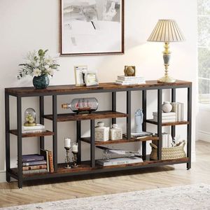 Étagère de présentation industrielle à 4 niveaux en bois d'acacia massif naturel de luxe avec cadre en métal noir pour le salon, le bureau, l'hôtel, le rangement - Product Image 4