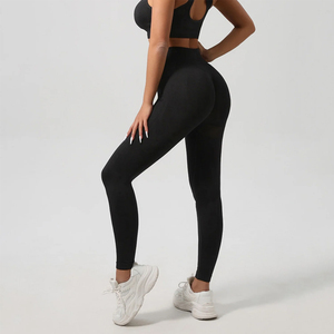Ensemble de yoga 2 pièces sans couture en Spandex/Nylon écologique, comprenant un legging côtelé taille haute sans manches et un soutien-gorge de sport, motifs Léopard/Uni avec dentelle sur le devant - Product Image 4