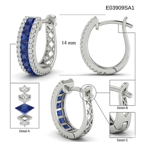 Luxury 18K <b>Solid</b> White <b>Gold</b> <b>Huggie</b> Hoop Earrings Natural Blue Sapphire Princess Cut Channel Set Diamond For Daily Elegant Wear - Product Image 4