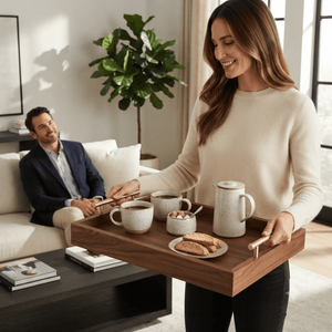 Plateau de service en bois artisanal avec poignées métalliques, grand plateau pour le petit-déjeuner, le café, le thé, la nourriture, décoration de table pour la maison, le restaurant, l'hôtel - Product Image 5