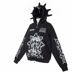 Sweat-shirt polaire homme streetwear Y2K gothique personnalisé, à capuche intégrale zippée avec cornes pointues, imprimé graphique noir en relief, épais - Product Image 2