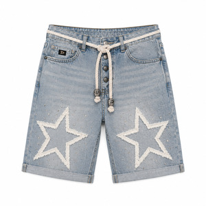 Men’s Y2K Star Applique Denim Jorts with Rhinestones & <b>Rope</b> Belt Streetwear Wide Leg Denim - Product Image 2