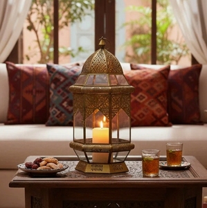 <b>Moroccan</b> Style Metal Candle Lantern Antique Brass Finish Glass Panels Hanging Votive Tea <b>Light</b> Holder for Home Decor Accent - Product Image 1